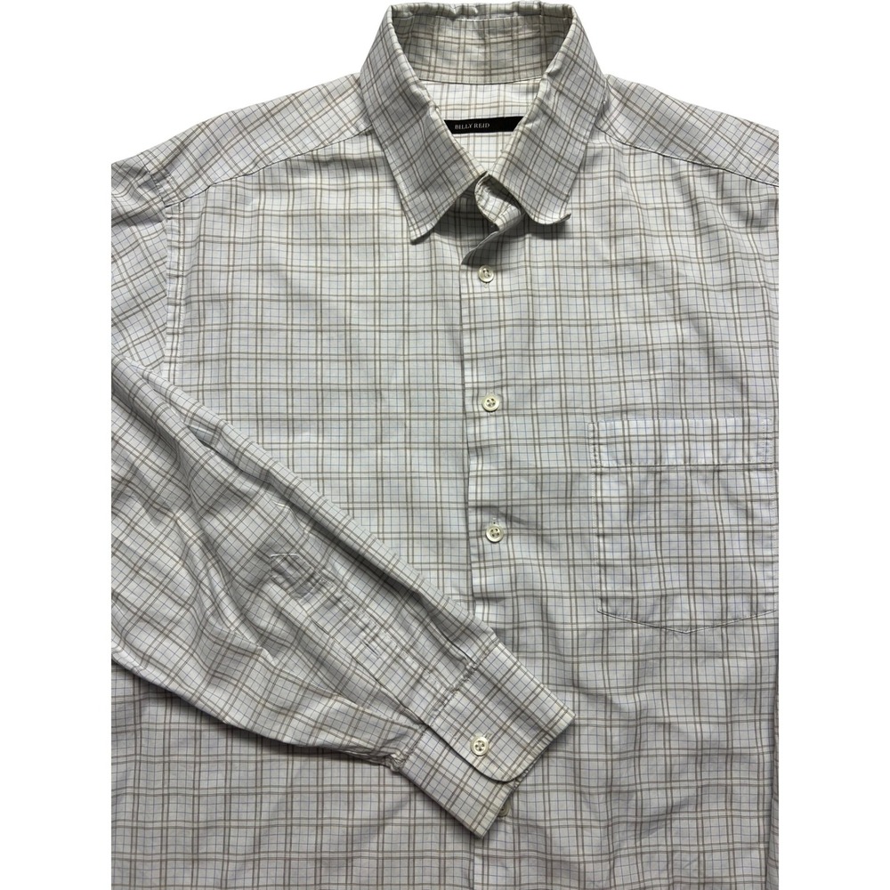 Billy Reid Mens Large Plaid Button Down Shirt Made in Italy Tan Blue White L